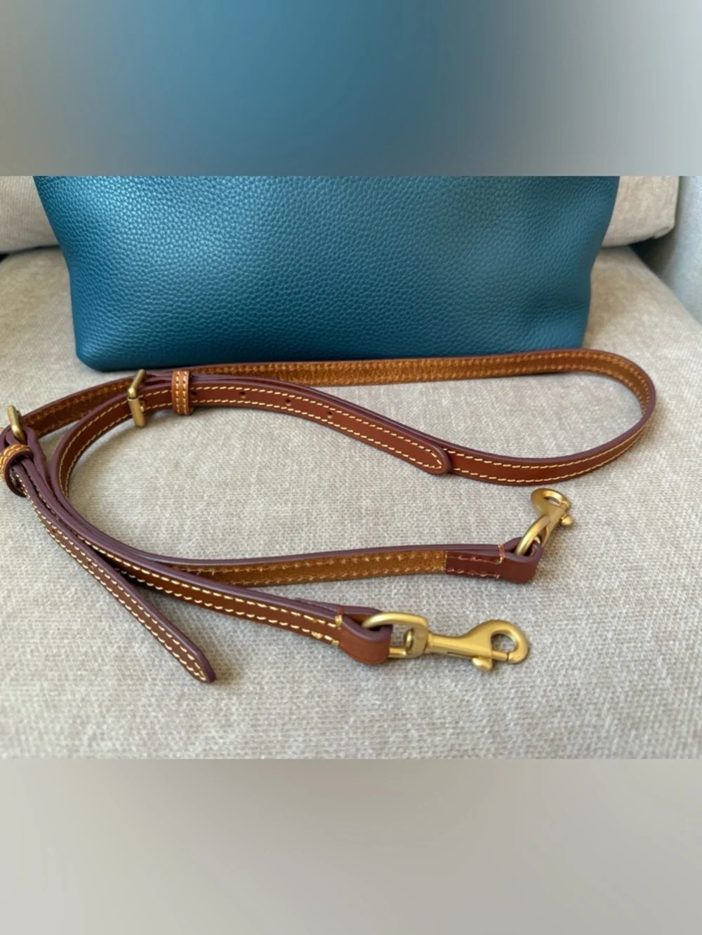 Dooney & Bourke Dillen Satchel Denim Pebbled Leather Brown Trim Crossbody Strap